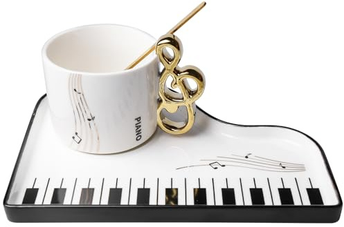 Musiknoten Keramik Kaffeetasse mit Unterteller und Löffel: 200ml Kreative Klavier Kaffeetasse Musik Note Bedruckt Teetasse Geschenk Tasse Kaffeebecher Für Musiklieber Musik Geschenk, Weiß