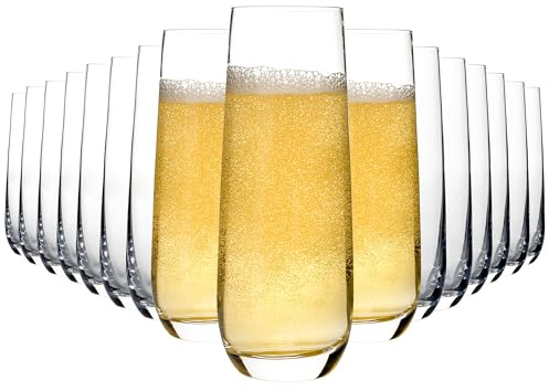 QOWOEO 16 Pieces Stemless Champagne Flutes, 8.5 Oz Crystal Clear Sparkling Wine Glass, Prosecco Mimosa Champagne Glasses Set