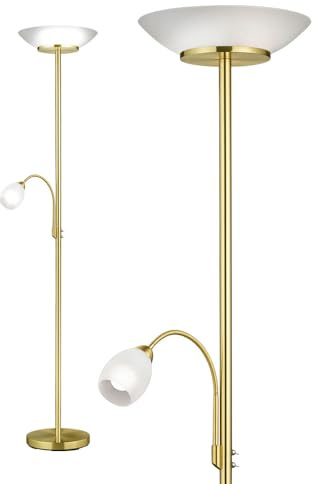 Stehlampe Standleuchte Wohnzimmerleuchte Schlafzimmerlampe Deckenfluter Metall messing farben mit flexiblem Lesespot, getrennt schaltbar, Glasschirm, 2x E27 1x E14, DxH 34x180 cm