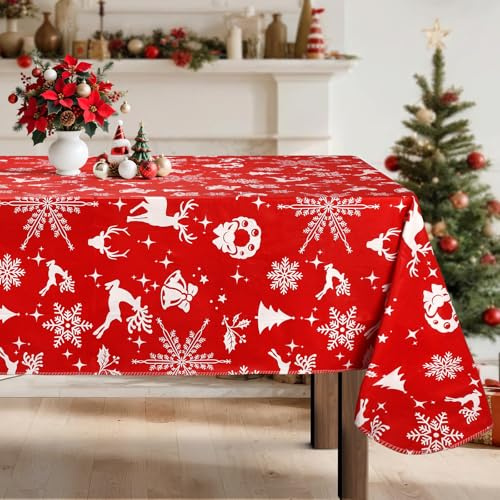 Arquiel Weihnachten Tischdecke Rechteckige, Rot Tischtuch Abwischbar PVC Wasserdicht Wachstischdecken Pflegeleicht Tischbelag Für Küche Party Outdoor Schmücken 152x260cm