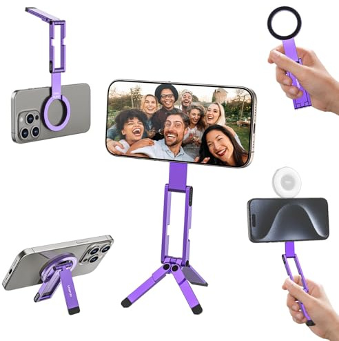 ULANZI MA60 Magnetisches Handy-Stativ für iPhone, 3in1 Aluminium Mini-Stativ Faltbar, Taschen-Handy-Ständer, 14 N Doppelseitiger Magnet, kompatibel mit iPhone 17 16 15 14 13 12, Magsafe, Lila