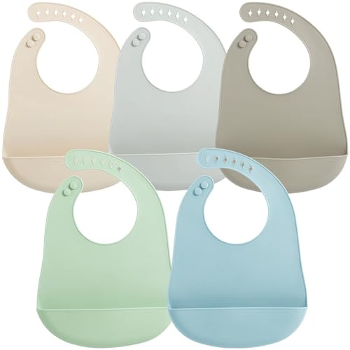 PandaEar 5-pack silikon baby matning – supertunn lätt – mjuk haklapp barn vattentät med uppsamlingsbricka lätt att rengöra för småbarn matning