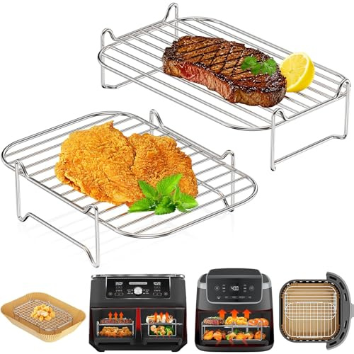Ninja Air Fryer Rack, HONYAO 2pcs Air Fryer Accessories Stackable Grilling for Ninja AF300UK AF400UK DZ400UK Other Dual Zone Baskets 7.6L-8L-9L-9.5L-10L-10.4L Food Safe 304 Stainless Steel
