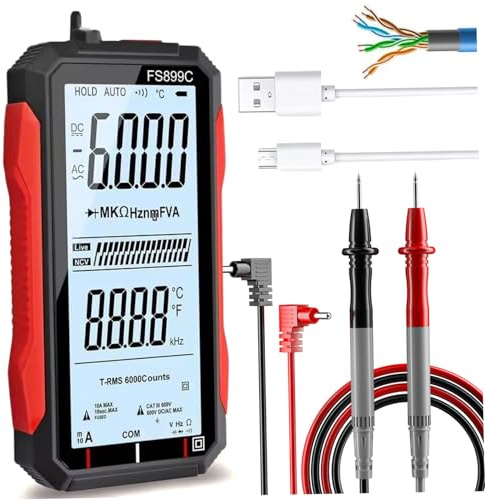Testeur de multimètre numérique, multimètre intelligent portable NCV avec lampe de poche LED, compteur tension rechargeable par USB pour la résistance actuelle, la continuité, la capacité, la temp