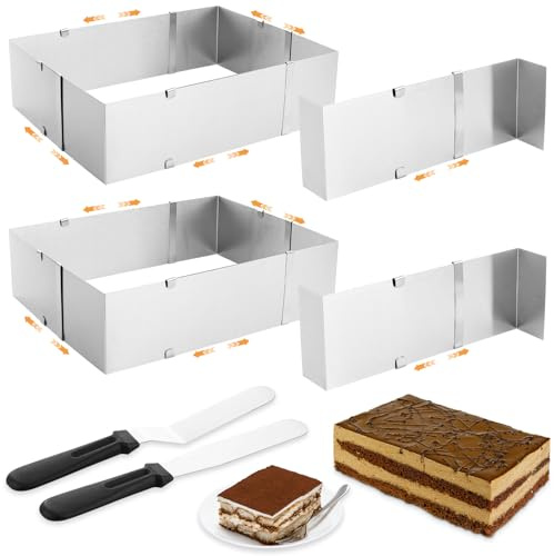 LDXDRU Set of 2 Rectangular Adjustable Baking Frame Square Cake Ring Adjustable with Divider and Spatula Baking Tray Extendable Baking Frame Rectangular for Cakes Pizza 18 x 32 to 28 x 53 cm