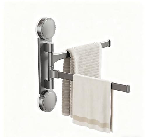 Toalleros de Baño Sin Taladro con Ventosa, Giratorio 180°Toallero Adhesivo Baño Varillas Dobles, Toallero Pared en Aluminio Espacial, Colgador Toallas de Gris Pistola
