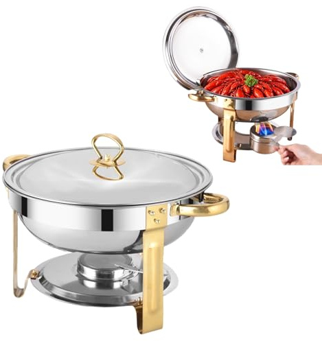 LICAEVEY Buffet Chafing Dish 4.5L Round Stainless Steel, Gold Food Warmer with Stackable Design for Restaurant Hotel Catering and Wedding Parties