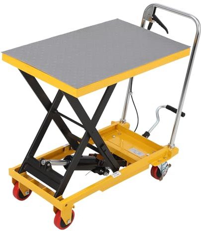 Hydraulic Lift Table Cart, 330Lbs Capacity 28.5 Lifting Height, 45kg Net Weight Manual Single Scissor Lift Table with Locking Wheels and Non-Slip Pad, Hydraulic Scissor Cart for Material Handling