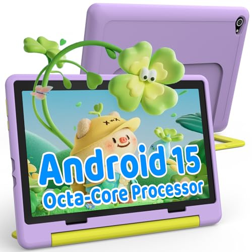 Ainmel Tablette Android 15 pour Enfants, processeur Octa-Core, 20Go+64Go (Extensible à 1 to),Verrouillage Enfant, Double caméra, WiFi 6, Bluetooth 5.3, Coque résistante aux Enfants (Violette)