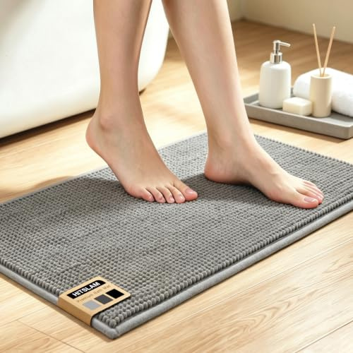 HITSLAM 60x40cm Chenille Bath Mat Non Slip, Ultra Absorbent, Grey | Extra Soft Bathroom Mat, Anti Mould Bath Rug, Machine Washable Bath Mats for Bathroom, Quick Dry Bathroom Accessories