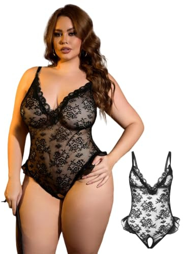 ohmydear Lace Bodysuit Lingerie Sexy Plus Size Womens Bodysuits V Neck Underwear Teddy Babydoll Mesh Ruffled Trim Ladies Body Suit Hollow Out Black Leotard Top XXL