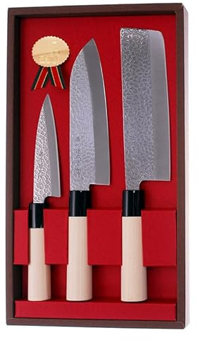 Japanese 3 Piece Kitchen Knife Set Santoku, Nakiri and Deba knives