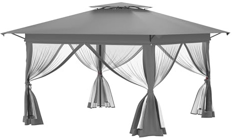HENGMEI Gartenpavillon Pavillon 4x4m Partyzelt Doppelstöckige Schutzabdeckung Metall Pop-Up Faltpavillon mit 4 Moskitonetz Seitenteilen Hinterhof Gazebo Pergola für Party, Marktstand (Grau)
