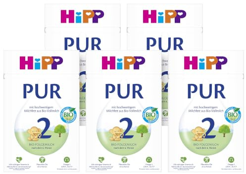 HiPP 2 PUR Folgemilch (5 x 500g), nach dem 6. Monat, mit hochwertigem Milchfett aus Bio-Vollmilch, ohne Palmöl, mit wichtigen Vitaminen & Nährstoffen und Omega 3 (DHA, ALA)