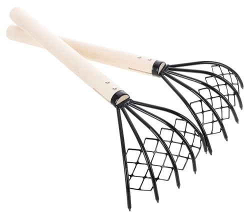 COHEALI Rastrillo de Mano de Hierro y Mango de Madera, 5 Dientes para Excavar Conchas de Playa, Herramienta Ligera para Mariscos y Pesca, Pack de 2 Unidades, Adecuado para Uso en Playa