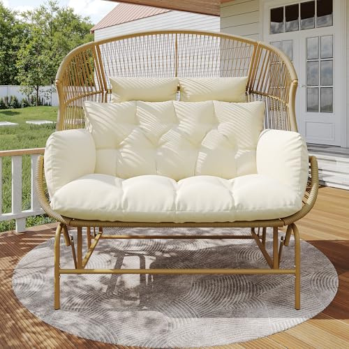 Merax Double Egg Chair Rattan Garden Rocking Chair Patio Hanging Chair Swing Chair Indoor Outdoor, with white cushions, metal frame, for Garden Balcony Terrace, Beige