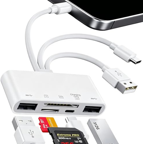 Lector de tarjetas de memoria 5 en 1, lector de tarjetas SD y TF con triple cable incorporado, adaptador USB OTG para teléfono y ordenador, USB-A y USB-C, color blanco