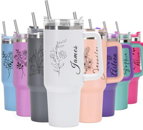 toyofmine Bicchiere Termico Personalizzato da 40oz con Nome Inciso | Mug da Viaggio in Acciaio Inossidabile Personalizzabile con Cannuccia