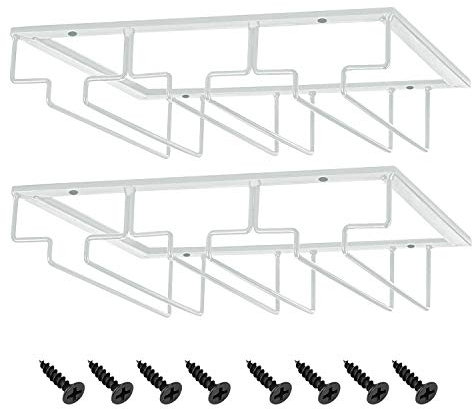 MOCOUM Wine Glasses Rack Under Cabinet Stemware Rack, Wine Glass Hanger Rack Wire Wine Glass Holder Storage Hanger for Cabinet Kitchen Bar (White, 3 Rows 2 Pack)