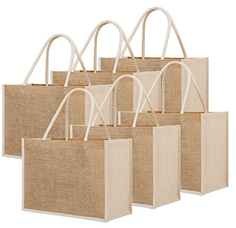 TOPTIE 6 PCS Borsa per la Spesa in Juta, Sacchetti di Iuta riutilizzabili con lato, Sacchetti regalo juta naturale con manico in cotone, Borsa da spiaggia