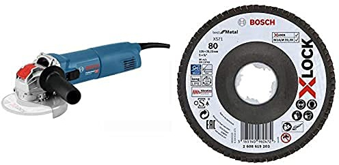 Bosch Professional Winkelschleifer GWX 14-125 (X-LOCK, ScheibenØ: 125 mm, im Karton) + Gewinkelte Fächerschleifscheibe Best (für Metall, X571, Ø125 mm, Körnung K80)