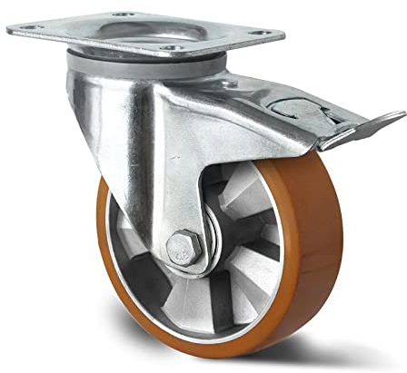 Abrollwerk Schwerlast Lenkrolle mit Feststeller, Aluminiumfelge, Polyurethan, Durchmesser 125 mm, Schwerlast, Doppelkugellager, dynamische Traglast 400 kg (Lenkrolle mit Feststeller)