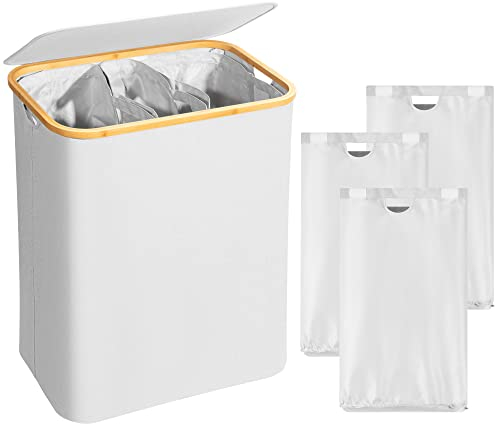 AdelDream 160L Wäschekorb mit Deckel 3 Fächer Wäschekorb Wäschesack schmal - Wäschesortierer Wäschebox Wäschetonne Wäschesammler mit Deckel Wäschetruhe Wäschekörbe laundry baskets Hellgrau