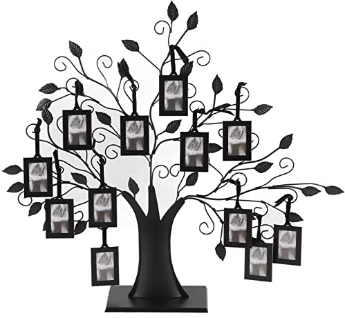 Wakects Soporte para marco de fotos de árbol genealógico, con 6 o 12 marcos de fotos colgados, árbol de metal medio, 6 o 12 elementos decorativos (tamaño grande-con 12 marcos de fotos de 6,4 x 4,6 cm)