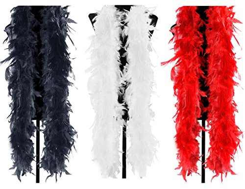 Federboa für Weihnachtsbaum,3 Stücke 2m Flauschige Federboa Weihnachten Band Boa Streifen Federschal Kostüm 20er Jahre Party Karneval Verkleidungszubehör für Damen Mädchen,Rot + Weiße + Schwarz
