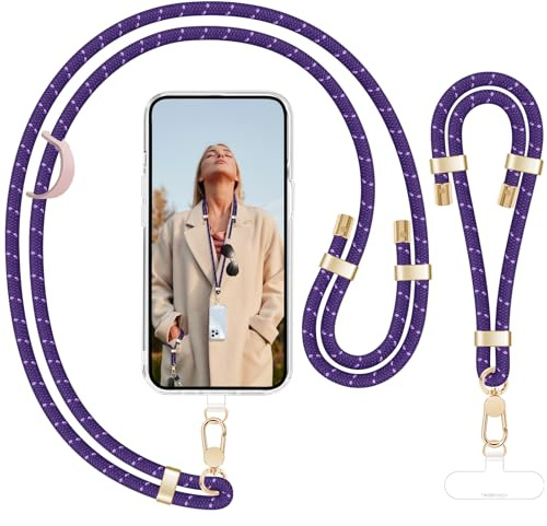 UKON Phone Lanyard Crossbody and Phone Wrist Strap Set Adjustable Neck Strap with Premium Metal Buckle Anti Theft Crossbody Body Strap 2 Tether Patches Compatible with Most Smartphone (Purple)