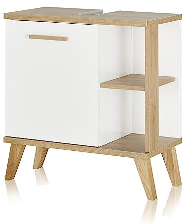 KHG Bad Waschbeckenunterschrank weiß Holz Skandi Look, Tür, Ausschnitt | Badezimmer Beckenschrank minimalistisch, Holz-Optik Eiche, Soft Close, Breite 60 cm, Tiefe 33 cm, 1 Türen, 3 Fächer