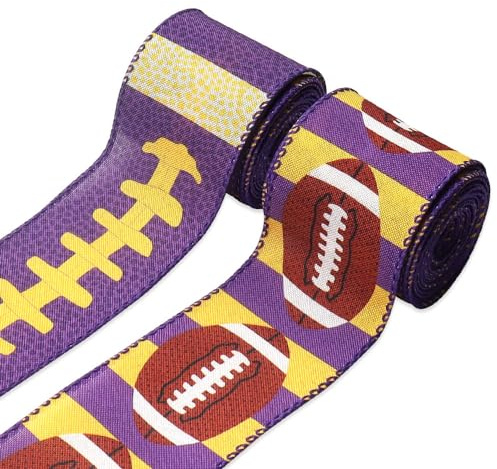 Estivaux 2 Rolls Football Ribbons for Crafting, Sports Football Wired Edge Ribbon Purple Burlap Ribbon Bow Sports Rolls Ball Wired Ribbons for Gift Wrapping Ball Game Sewing DIY Crafts Supplies