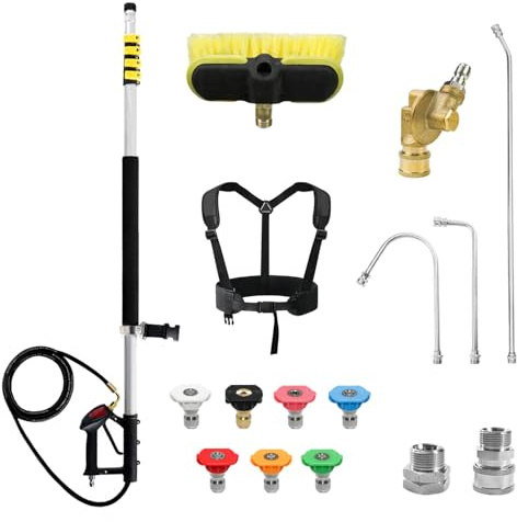 RAYNEL 24FT Telescoping Pressure Washer Extension Wand with Brush Head, 2 Power Washer Extension Wands, Gutter Cleaner Attachment, 7 Spray Nozzle Tips, Support Belt and 2 Hose Adapters