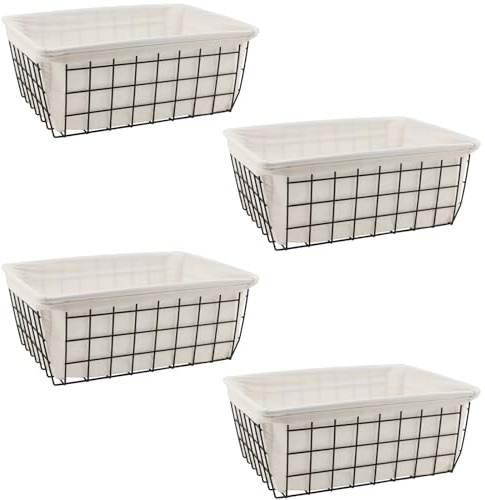 MOUYAT 4 PCS Wire Storage Basket with Removable Liner, Stackable Chest Freezer Baskets, Black Wire Basket Storage Organiser with Handle for Kitchen, Bathroom, Pantry, Closet, Cabinet, Freezer, Shelf