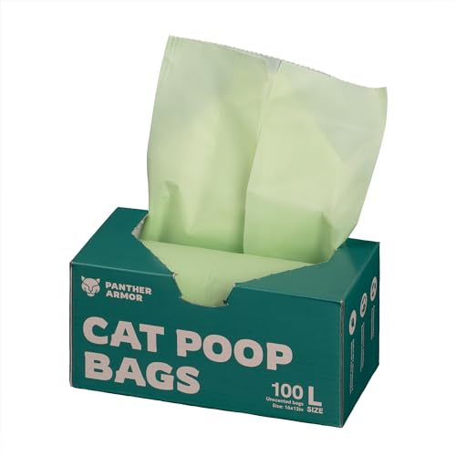 Panther Armor Cat Litter Bags, 100 Large Compostable Unscented Poop Bags -16x12in Super Large Kitty - Leak Proof Box Trash - Odor Proof Cat Disposal