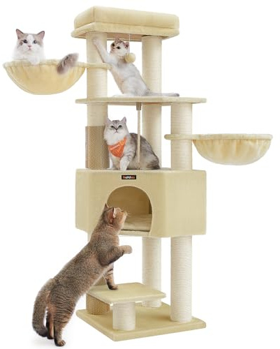 Feandrea klösträd med varma filtar, för stora katter, 2 kattborstar, 11,1 cm tjocka stammar, stora plattformar, grotta, 50 x 50 x 160 cm, sandbeige-beige PCT003Y01