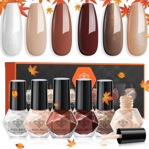 Modelones Nagellack 6 PCS Schnelltrocknender Herbst Braun Orange Schokoliert Glitzer, Ungiftig Wasserbasis, Langanhaltender DIY Geschenk für Frauen und Mädchen