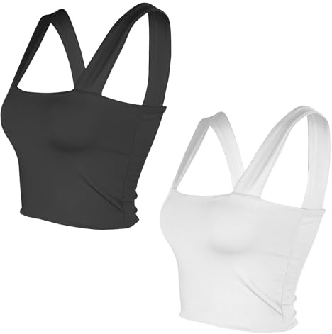 Dam 2-pack väst ärmlös strappy kort linne fyrkantig hals dubbla lager fitness vardaglig bas toppar, Svart-vit, S