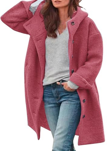 Manteau en laine pour femme avec capuche | Trench coat pour femme - Manteau d'hiver long - Manteau d'hiver élégant - Veste de transition - Couleur unie - Veste de loisirs - Avec poches - Décontractée