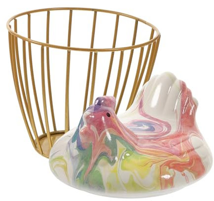 SHOWERORO Ceramic Chicken Egg Basket Small Size Decorative Kitchen Storage Basket with Gold Vertical Stripes Multi-function Fruit and Egg Holder for Countertop Use