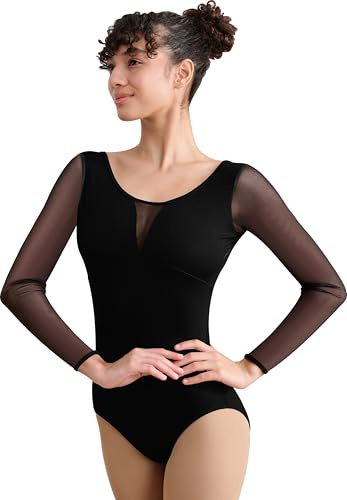Hanebel Women Dance Leotard Long Sleeve Leotard for Adult Ballet, V-shape Mesh Back, Front Splicing, Full Front Lining(238113-06-M)