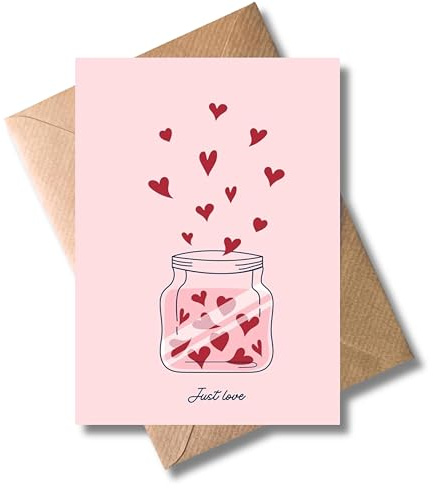 WBdesignz Valentins Tag Karte mit Umschlag - Geschenkkarte zum Valentinstag Just Love Liebesgeständnis Glas voller Liebe Herzen Pink Liebeskarte LiebeRomantik Valentinskarte für Partner Date (DIN A6)