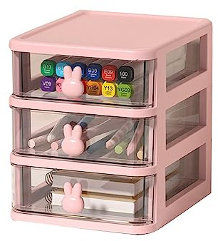 Tiroir de Rangement en Plastique, Boîte de Rangement de Bureau à Plusieurs Niveaux, Poignée de Lapin, Organisateur de Tiroir en Plastique, Conteneur de Jouets (Rose, 3 niveaux
