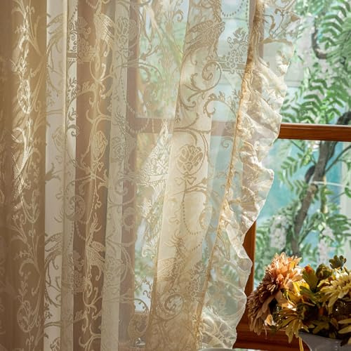 TUDECO Tende da cucina beige, lunghe 114 cm, stile rustico in pizzo floreale, tende corte in voile per piccole finestre del bagno, bordi con volant, tasca per asta, 2 pannelli, 140 x 114 cm