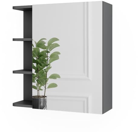 Vicco Spiegelschrank Fynn, Anthrazit, 62 x 64 cm | zur Wandmontage mit offenen Ablageflächen