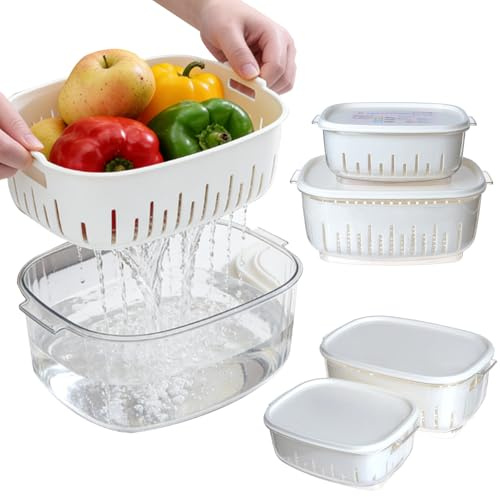 2 PCS Double Layer Colander with Lid, Detachable Kitchen Strainer Set, Food Grade PP Drain Basket for Vegetable Fruit Pasta, Stackable Fridge Storage Container for Home Restaurant