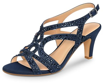 PIZZ ANNU Womens Sandals Sparkly Rhinestones Strappy Kitten Heels Ladies Wedding Shoes for Women Bride Slingback Summer Prom Party Navy Size 8