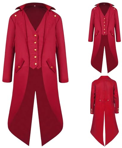 QEKFDOV Men's Steampunk Tailcoat,Medieval Gothic Victorian Frock Coat,Vintage Tailcoat Jacket Halloween Cosplay Costume (red, 2XL)