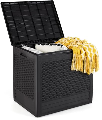GOPLUS Baúl de Almacenaje, Arcón Exterior de Plástico con Asas Laterales y Almohadillas Antideslizanates, Capacidad de 136 L, Caja de Almacenamiento para Patio, Jardín, Piscina, Terraza (Marrón)