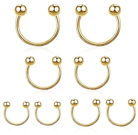 Canvas Trend 8 Pcs Gold Septum Piercing Jewellery Set, Stainless Steel Smiley Horseshoe Nose Ring, Lip Ring for Bottom Lips, 6/8/10/12mm Smiley Piercing Jewellery, Horseshoe Piercings for Women Men